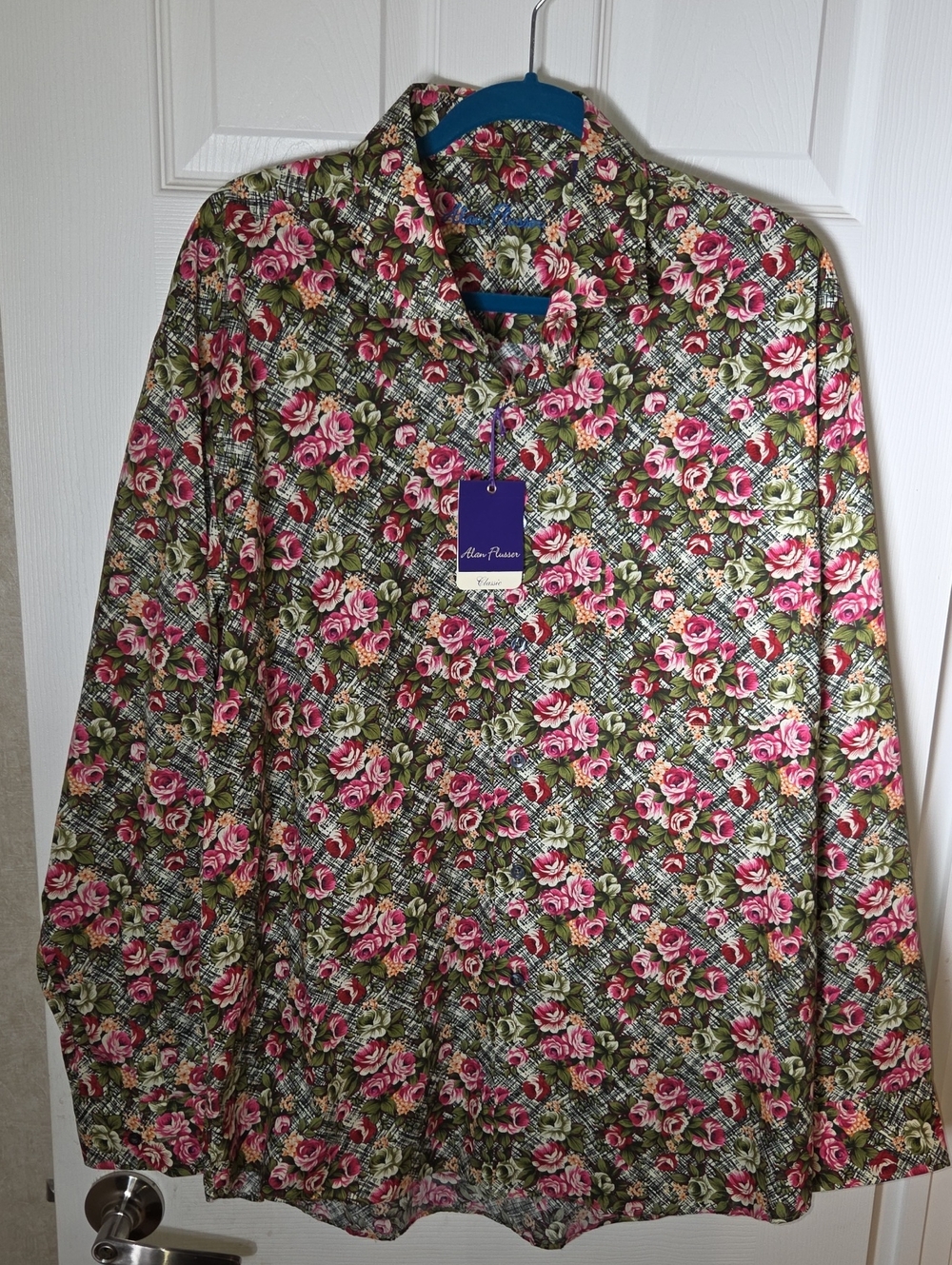 (New) Alan Flusser Men’s 100% Cotton Green Floral Button-Up Shirt Size XL